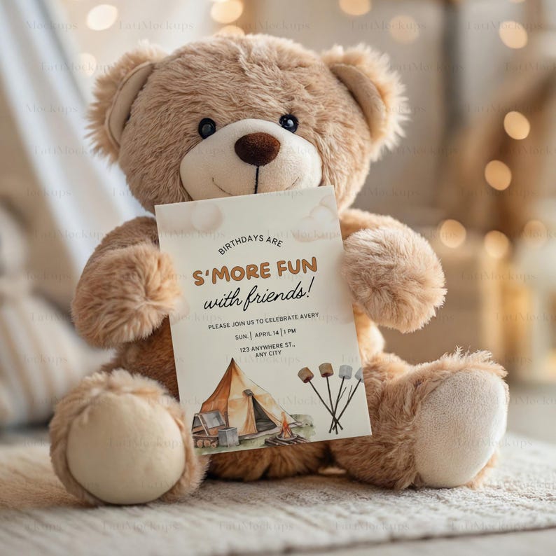 May include: A teddy bear holding a birthday invitation with a campfire and tent illustration. The invitation reads "Birthdays are S'more Fun with Friends!" and includes details for a party celebrating Avery.