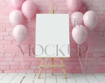 Pink Welcome Sign 16x20 Mockup, Balloons, Party Sign (PSD, JPG)