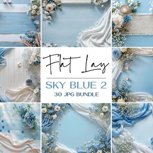 May include: A collection of 30 digital flat lay images featuring a light blue background with white and blue floral arrangements, white and blue fabric, and candles. The images are perfect for use in social media, blogs, and websites.