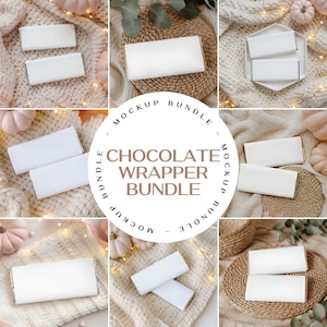 Puede incluir: Un paquete de maquetas de envoltorios de chocolate con un diseño blanco. Los envoltorios se muestran sobre varias superficies texturizadas, incluyendo un plato blanco, una estera tejida y una manta de punto. El texto "CHOCOLATE WRAPPER BUNDLE" está en el centro.