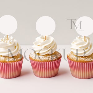 Rosa Cupcake Topper Mockup, leere Cupcake Topper Mockup, minimale Kuchen Runde Tag Mockup, Geburtstagskuchen Mockup, Valentinstag Cupcake Mockup