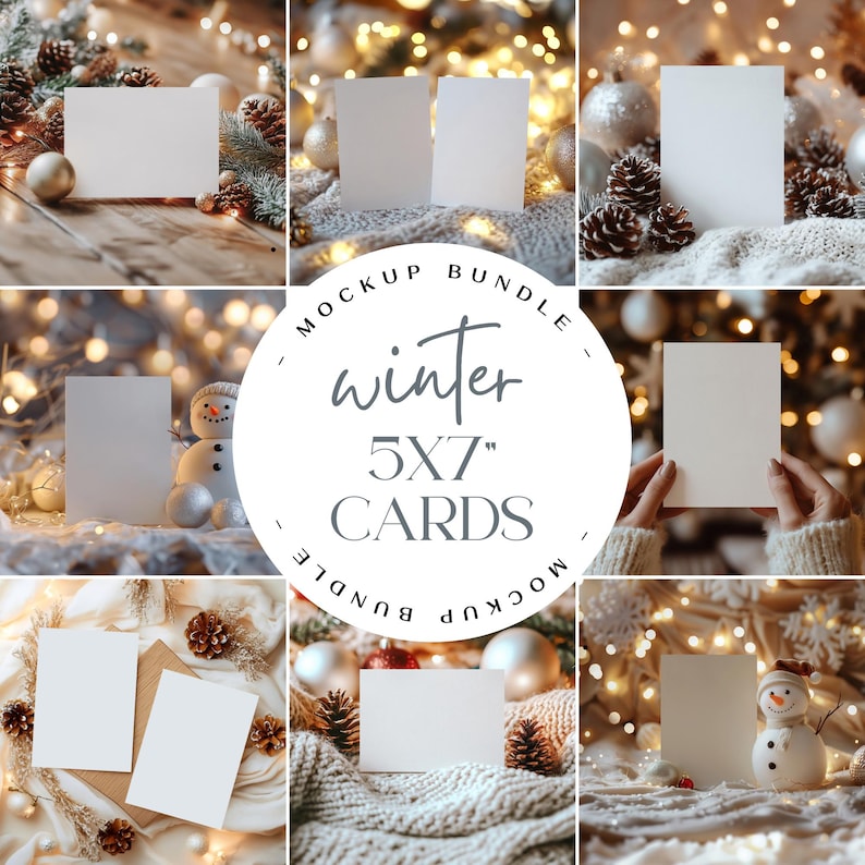 May include: A mockup bundle of 5x7 inch blank cards with a winter theme. The cards are displayed in various settings with festive decorations, including lights, ornaments, and a snowman.