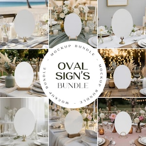 Könnte beinhalten: Ein Mockup-Bundle mit ovalen Schildern, die bei verschiedenen Veranstaltungen ausgestellt werden. Die Schilder sind weiß und auf Holz- oder Metallständern montiert. Der Text "OVAL SIGN'S BUNDLE" befindet sich in der Mitte. Die Schilder stehen auf Tischen mit Blumengestecken.