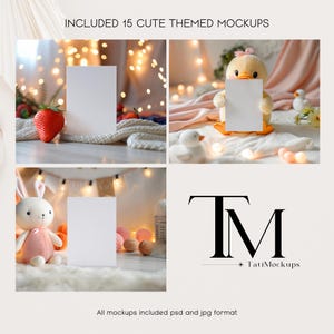 May include: A set of 15 cute themed mockups featuring blank cards and a variety of props, including stuffed animals, fairy lights, and a knitted blanket. The mockups are perfect for showcasing your designs or products.