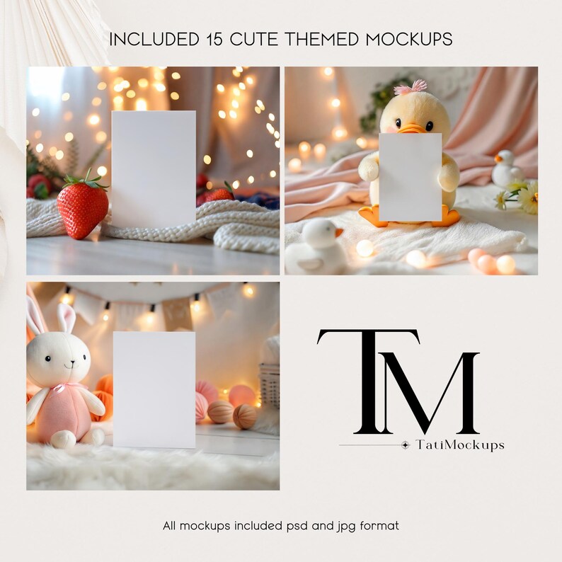 May include: A set of 15 cute themed mockups featuring blank cards and a variety of props, including stuffed animals, fairy lights, and a knitted blanket. The mockups are perfect for showcasing your designs or products.