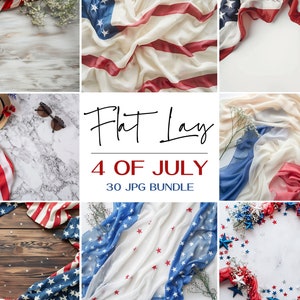 May include: A collection of 30 digital images featuring flat lay arrangements with red, white, and blue patriotic themes. The images include American flags, stars, and other festive decorations. Perfect for creating social media content or crafting projects.