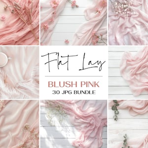 May include: A collection of 30 flat lay images featuring blush pink fabric, white wood, and various floral accents. The images are ideal for product photography or social media content.