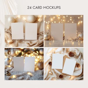 May include: Four different mockups of blank white cards on a variety of backgrounds. The backgrounds include a white fabric with gold lights, a white fabric with gold ornaments, a white fabric with gold lights and ornaments, and a white fabric with gold ornaments and pine cones.