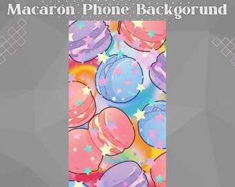 Macaron telefoon achtergrond, schattig digitaal behang, dessert thema leuk, decoratieve instant download, Kawaii cartoon stijl live achtergrond