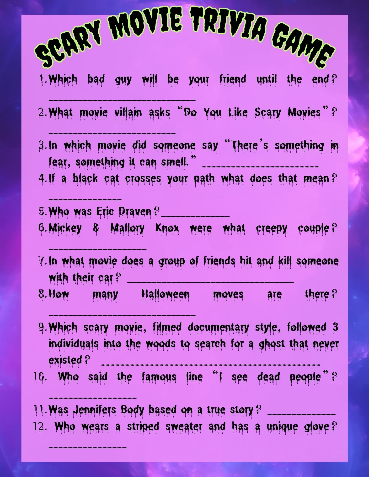Scary Movie Trivia Instant Download, Themed Party Games, Friends Night ...