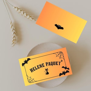 パーソナライズされたハロウィーンの席札、ゴシックなテーブルカードを自分で印刷、折りたたみ可能なハロウィーンディナーデコレーションカード、秋をテーマにしたイベント