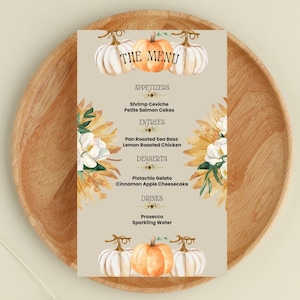 Modello di menu autunnale personalizzato, apparecchiatura rustica stampabile con zucca, decorazioni con colori naturali, segnaposto per eventi autunnali, divertenti accenti autunnali