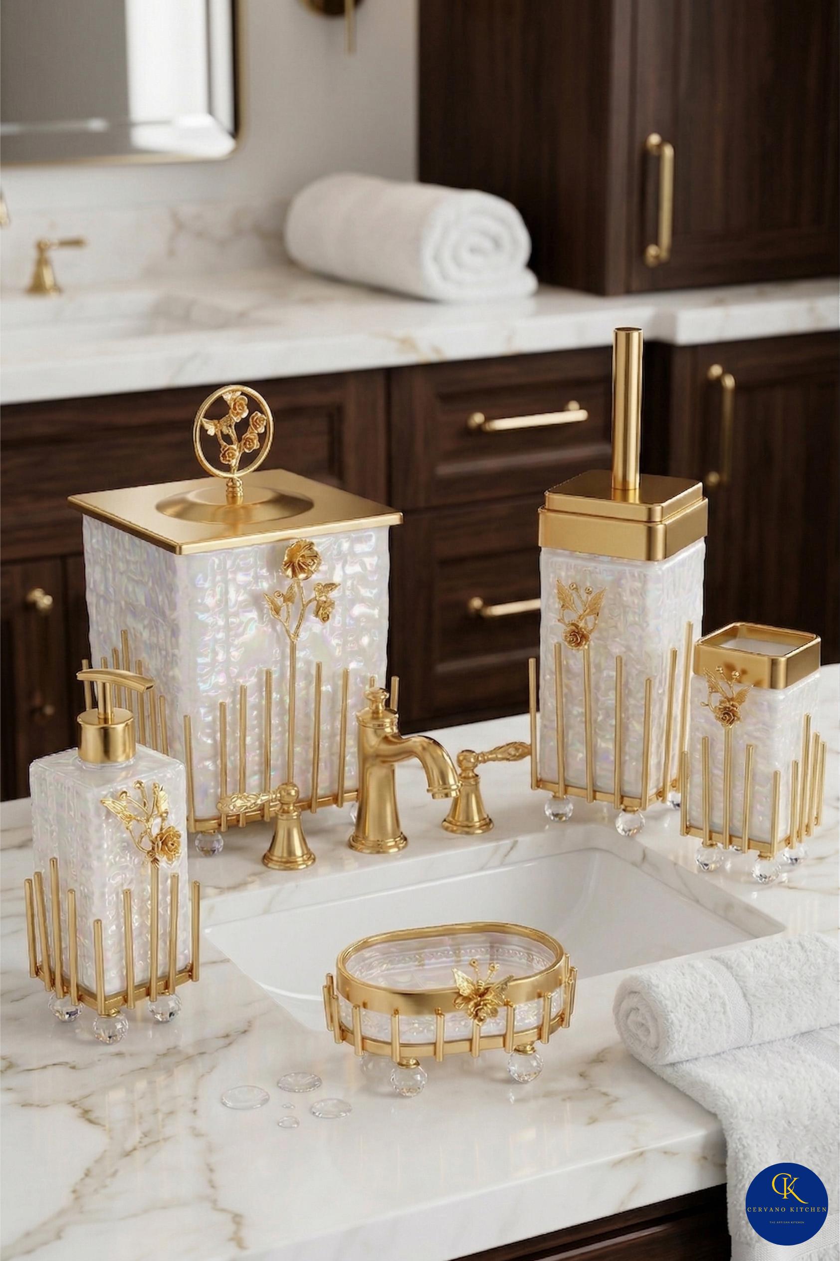 Art Deco Gold Vanity Set, Ornate Brass Bathroom Accessories, 5-piece