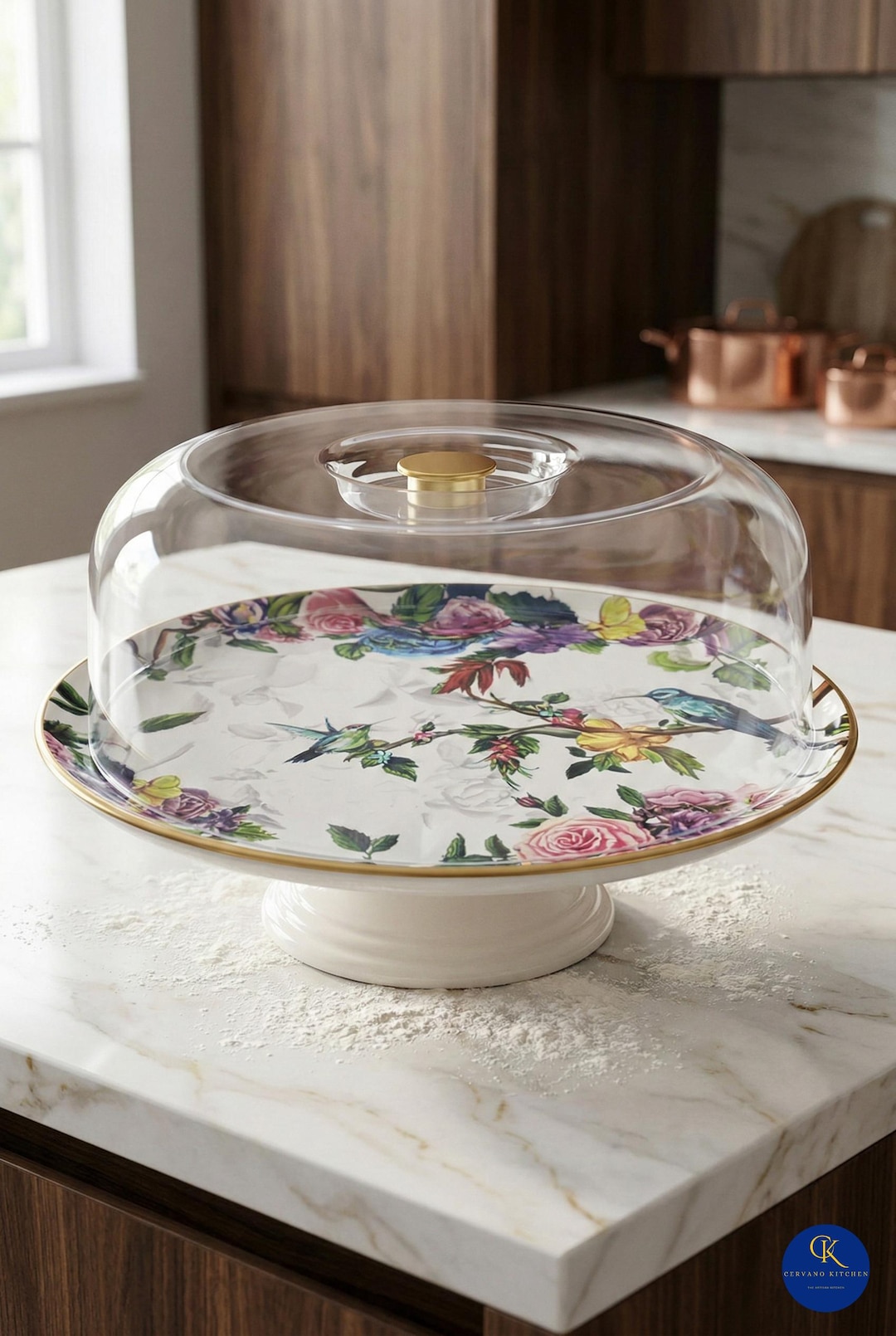 Vintage Floral Wedding Cake Stand with Dome 12 • Porcelain Hummingbird Tea Tray