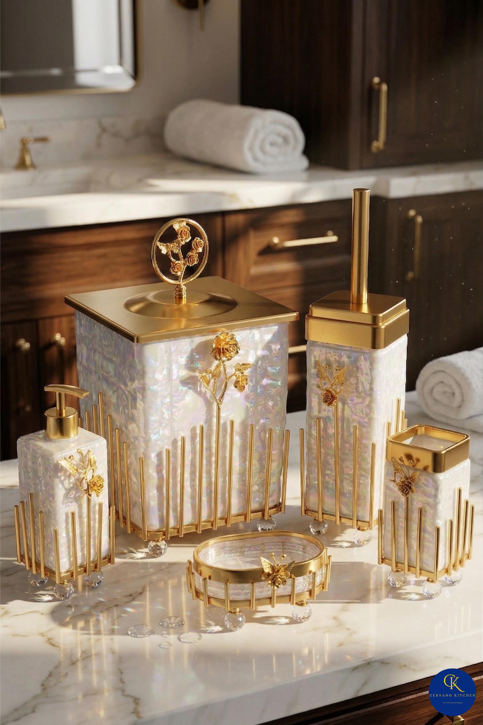 Art Deco Gold Vanity Set, Ornate Brass Bathroom Accessories, 5-piece