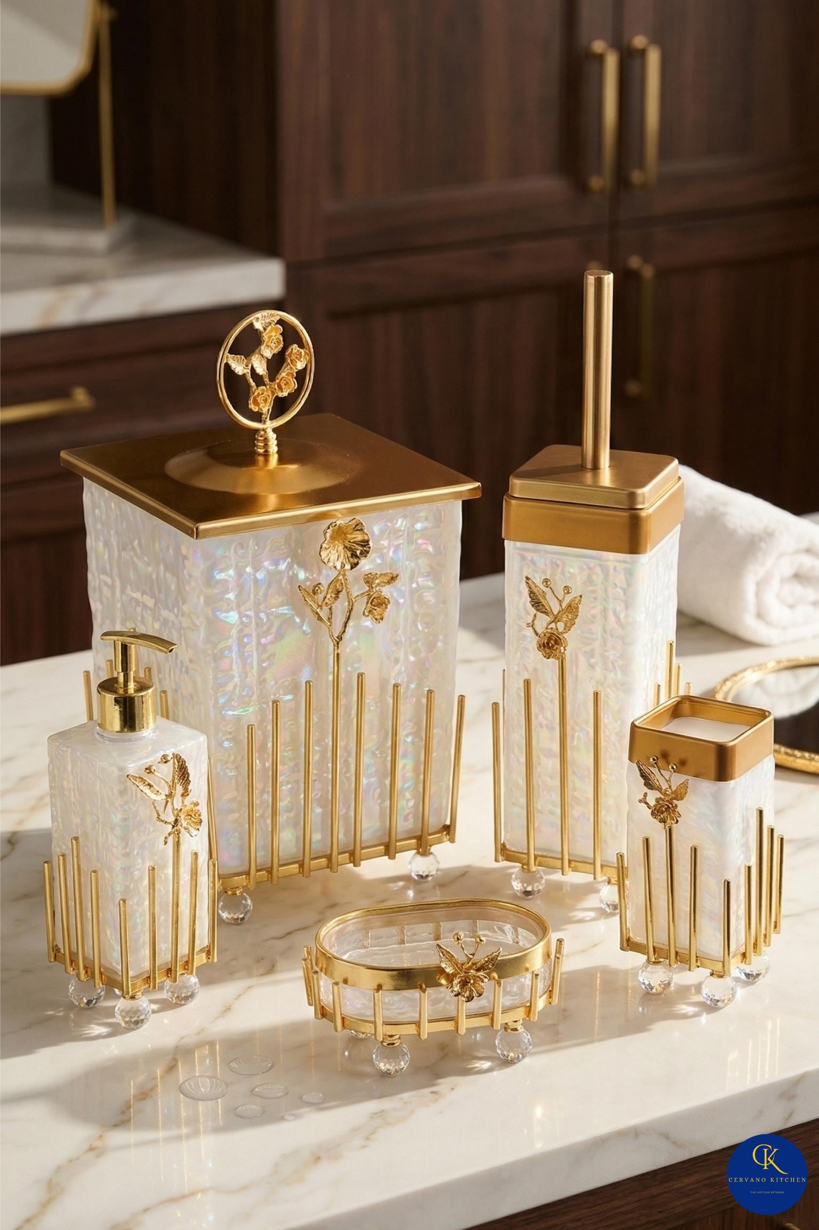 Art Deco Gold Vanity Set, Ornate Brass Bathroom Accessories, 5-piece