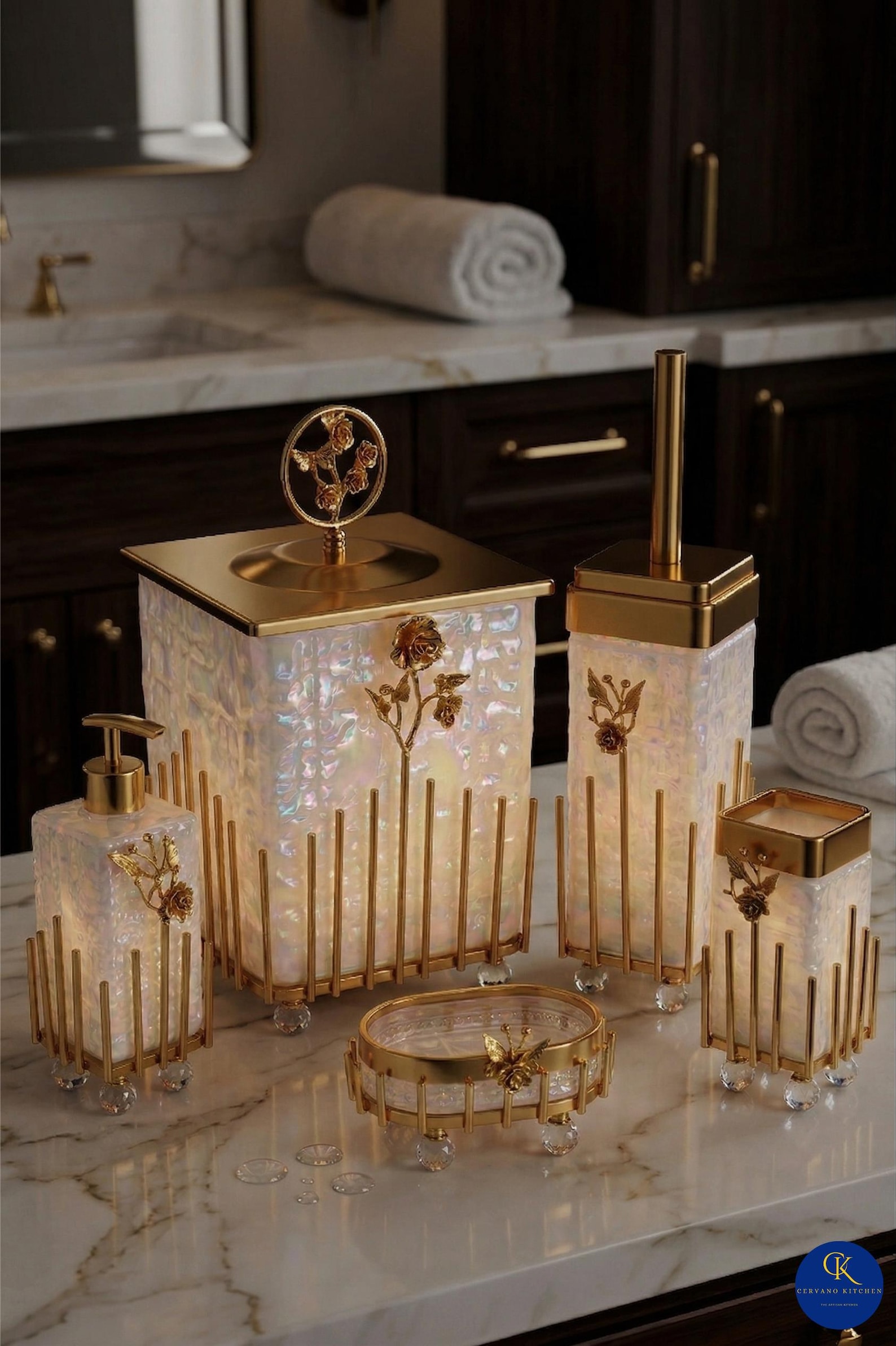 Art Deco Gold Vanity Set, Ornate Brass Bathroom Accessories, 5-piece
