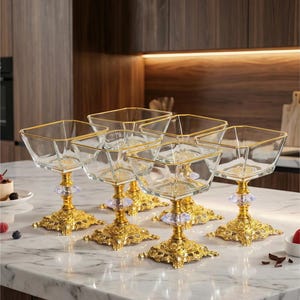 Cuencos de postre con pedestal y borde dorado • Juego de 6 servidores de cóctel cuadrados de cristal