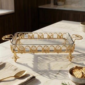 May include: A rectangular glass serving dish with a gold-colored metal frame and ornate detailing. The dish has handles and sits on decorative feet. The design includes arched patterns and floral accents, suitable for serving food.