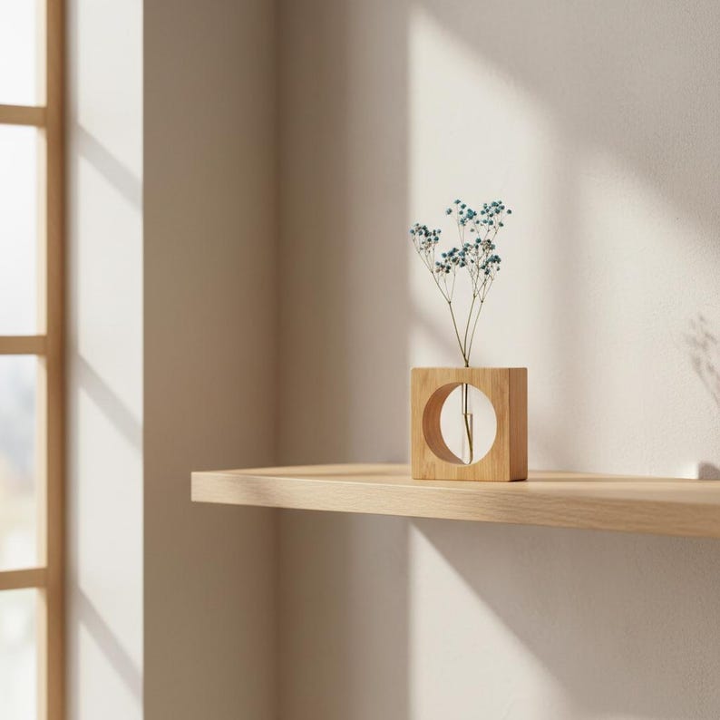 May include: A square wooden vase with a circular opening, holding delicate blue flowers. The vase sits on a light-colored wooden shelf, with natural light casting shadows on the wall. The minimalist design adds a touch of modern elegance.