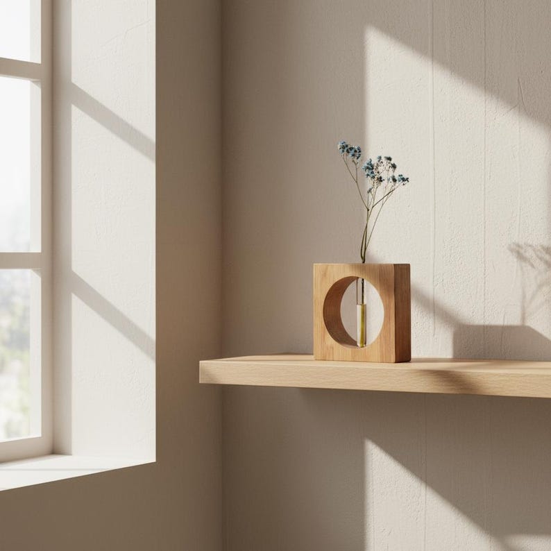 May include: A square wooden vase with a circular cutout, holding a small sprig of blue flowers. The vase sits on a light-colored wooden shelf, with sunlight casting shadows on the wall. The vase has a small glass tube inside.