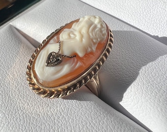 Estate Antique Coral Cameo Ring w/ Diamond Accent in 10k Yellow Gold size 5 wt 3g Price reduced!