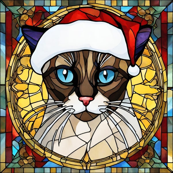 8 Siamese Cat Santa Hat Stained Glass Clipart Sublimation Cat Designs Digital Art PNG Circle PNG Transparent Background Siamese Cats