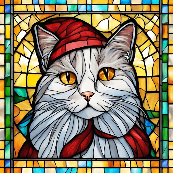 8 Ragamuffin Cat Santa Hat Stained Glass Clipart Sublimation Cat Designs Digital Art PNG Circle PNG Transparent Background Ragamuffin Cats