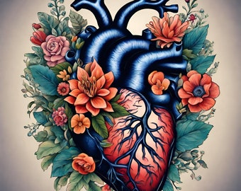 Traditional Red Heart Tattoo Set - 4 Custom Designs with Classic Roses and Scrolls in Color and B&W AIs and individual svg, eps, png, jpg