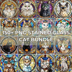 Könnte beinhalten: Eine Sammlung von über 150 Buntglas-Katzenbildern im PNG-Format. Die Bilder zeigen Katzen in verschiedenen Posen und Stilen, darunter eine schwarze Katze mit grünen Augen, eine weiße Katze mit blauen Augen und eine getigerte Katze mit orangefarbenen und braunen Streifen. Die Bilder sind perfekt für Bastelprojekte, Scrapbooking und digitales Design.