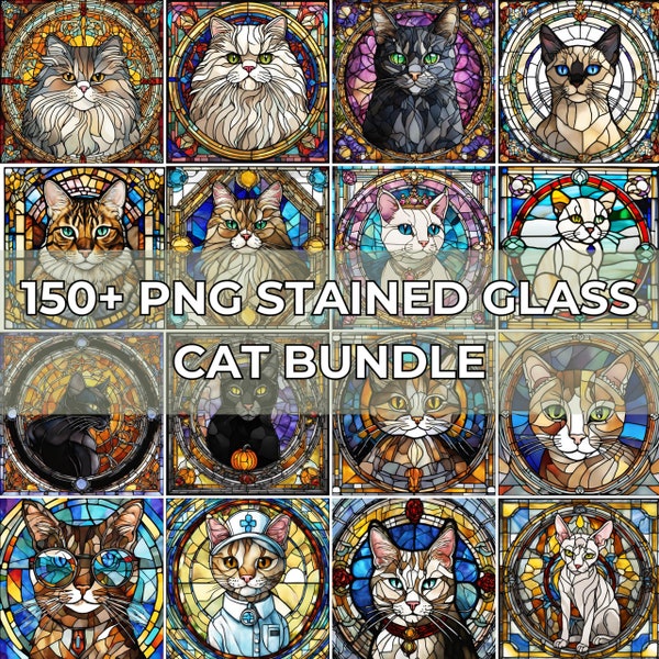 300+ Stained Glass Cat Bundle PNG - High-Resolution Commercial Use, Stained Glass PNG, Digital Paper Animal Stained Glass design Designs