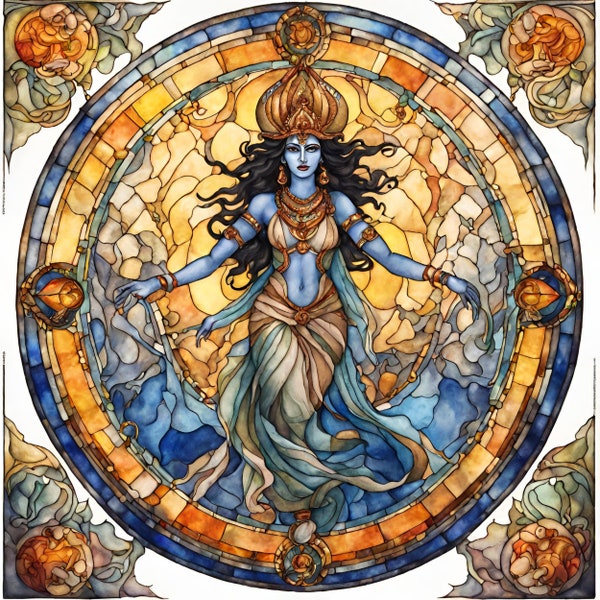 Stained Glass Kali Sublimation PNG, Hindu Goddess Printable Wall art, Stained Glass Kali Digital Clipart