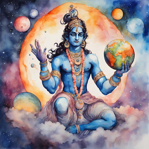 Watercolor Krishna Digital Clipart, Hindu God Sublimation PNG, Psychedelic Lord Krishna Printable Wall art, Digital Download