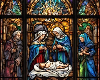 Christmas Nativity Scene Stained Glass PNG Bundle (Digital)