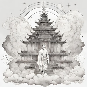 Spiritual Tranquility Tattoo - Temporary Tattoo with Monk and Temple Illustration for a Calming Vibe - Hippi Tattoo - Spiritual Tattoo