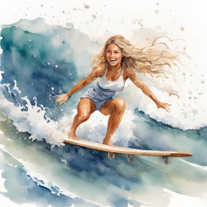 Watercolor Surfing Clipart | Surfboard, Surfer, Palm Tree, Beach, Ocean, Wave, Summer Illustrations | Instant Download for Commercial Use