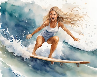 Watercolor Surfing Clipart | Surfboard, Surfer, Palm Tree, Beach, Ocean, Wave, Summer Illustrations | Instant Download for Commercial Use