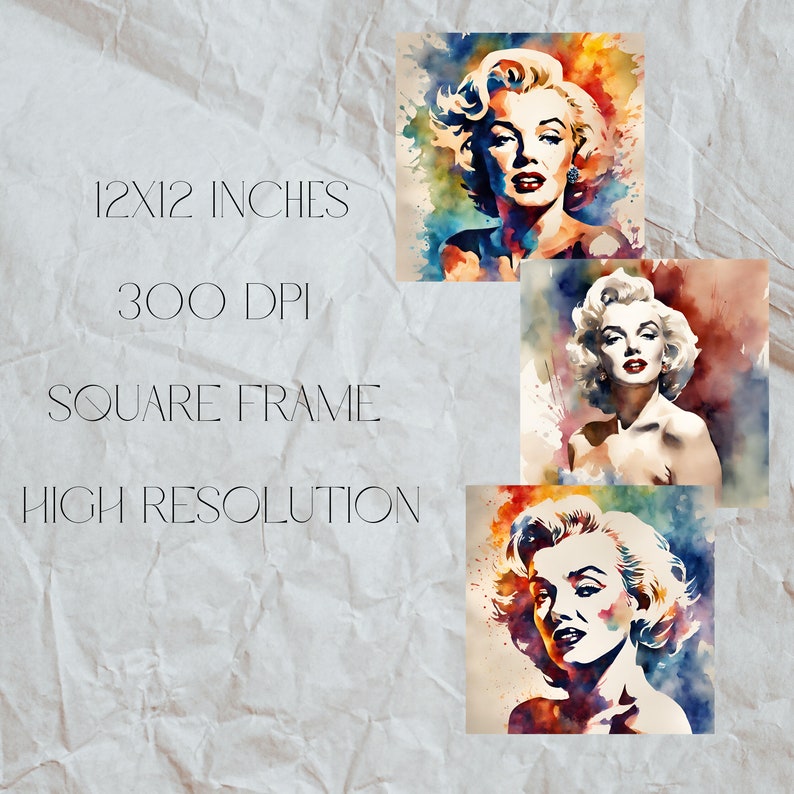 Może przedstawiać: Trzy akwarele przedstawiające Marilyn Monroe, każda z inną pozą i kolorystyką. Obrazy są w kwadratowej ramie i mają rozmiar 30,48 cm x 30,48 cm, 300 DPI, wysoką rozdzielczość.