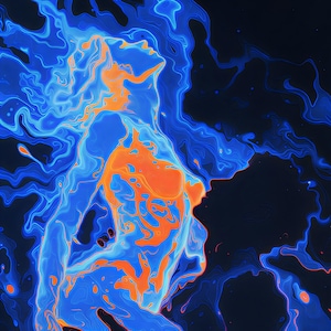 Puede incluir: Arte digital abstracto que presenta una figura femenina en tonos azules y naranjas sobre un fondo oscuro. La obra de arte tiene una cualidad fluida y etérea, con líneas y formas arremolinadas que sugieren energía y movimiento. La figura se representa de perfil.