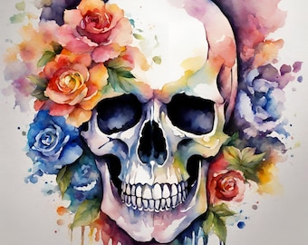 Watercolor Skull PNG, Floral Psychedelic Clipart (Digital Download)