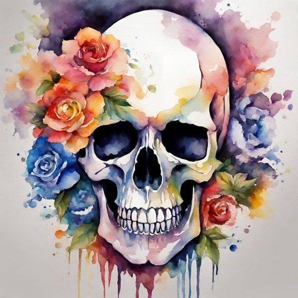 Watercolor Skull Sublimation PNG, Psychedelic Skull Digital Clipart, Skull Printable Wall Decor, Digital Download