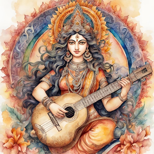 Watercolor Saraswati Digital Clipart,Psychedelic Saraswati,Psychedelic,Hindu God Sublimation PNG,Shiva Printable Wall art,Digital Download