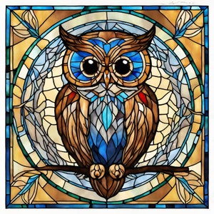 Set of 8 Stained Glass Owl Digital Clipart, Stained Glass Owl Printable Wall art, Owl Sublimation PNG