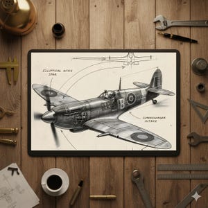 May include: A framed illustration of a vintage airplane, featuring detailed technical drawings and the text "ELLIPTICAL WING SPAR" and "SUPERCHARGER INTAKE." The artwork is set against a neutral background, surrounded by tools on a wooden surface.