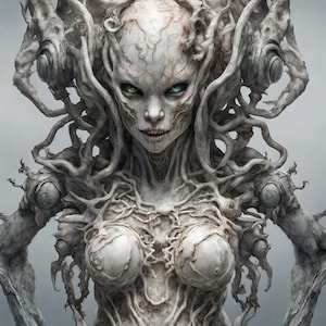May include: A white, humanoid figure with a skeletal, vine-like structure. The figure has a human-like face with green eyes and a twisted, grotesque expression. The figure's body is covered in a network of vines and branches.