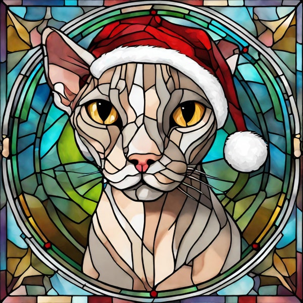 8 Sphynx Cat Santa Hat Stained Glass Clipart Sublimation Cat Designs Digital Art PNG square PNG Transparent Background Sphynx Cats