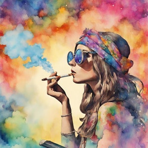 Aquarell Hippie Girl Rauchen Gelenk Digital Clipart, Dame in Gläsern Rauchen Weed, Hippie Girl Sublimation PNG, druckbare Wandkunst