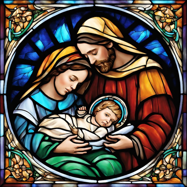 20 Stained glass Nativity scene clipart , Birth of Jesus design bundle , holy family, journey of magi ,three wise man printable design. image 1