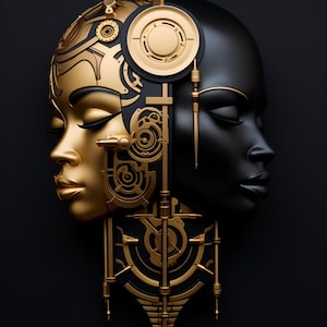 Golden and black heads timeless beauty in the style of afrofuturism.
