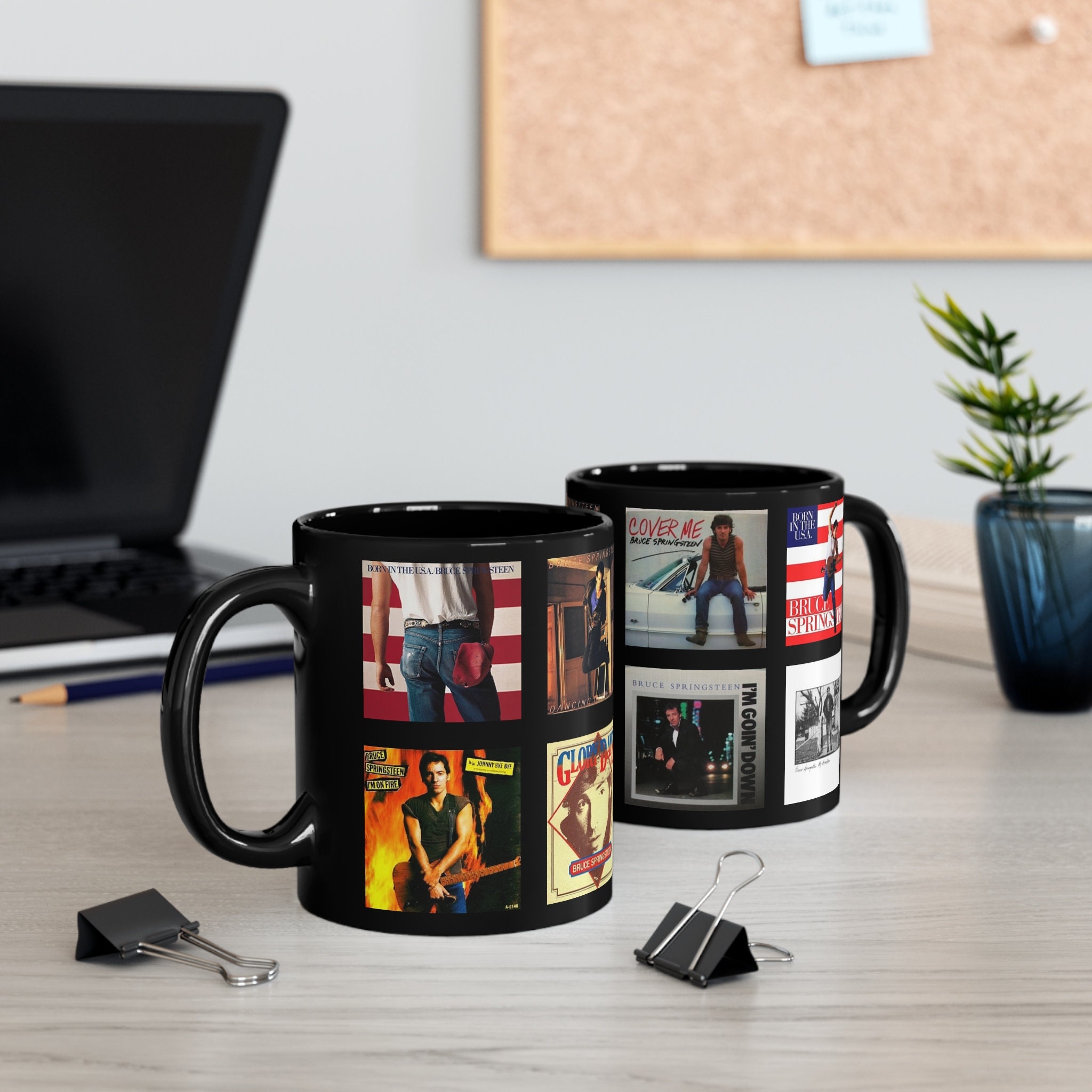 Bruce Springsteen Born in the USA mug, with images of the album and singles covers